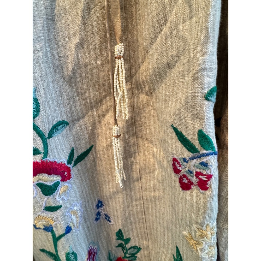 Johnny Was Sloane Drawstring Tank Dress Linen Floral Embroidered Midi Tan Small - Picture 6 of 9